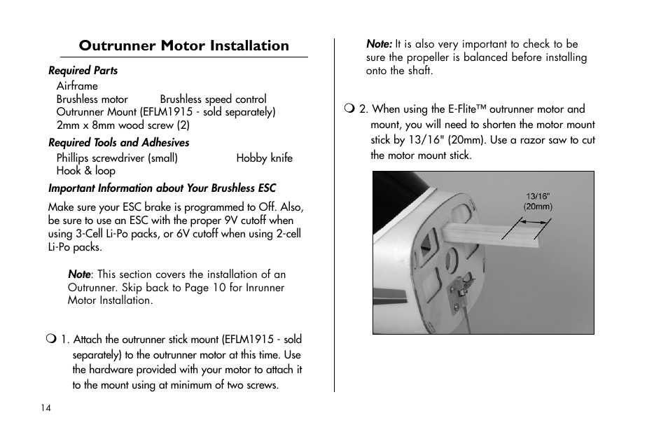 Outrunner motor installation | E-flite Cessna 182 370 ARF User Manual | Page 14 / 32