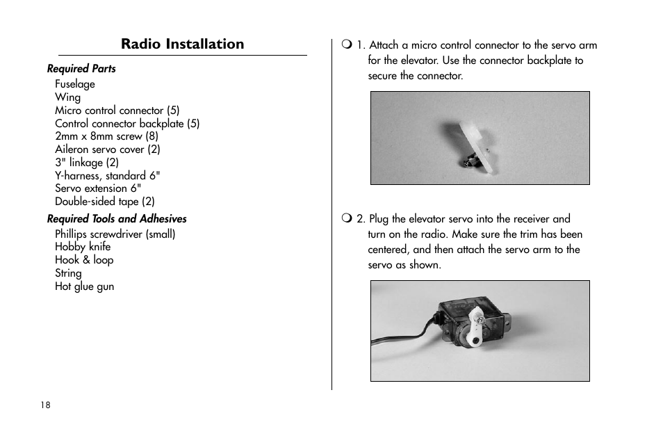 Radio installation | E-flite Cessna 182 370 ARF User Manual | Page 18 / 32