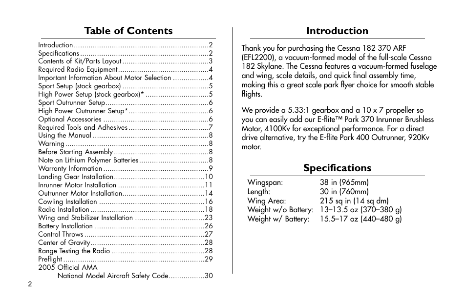 E-flite Cessna 182 370 ARF User Manual | Page 2 / 32