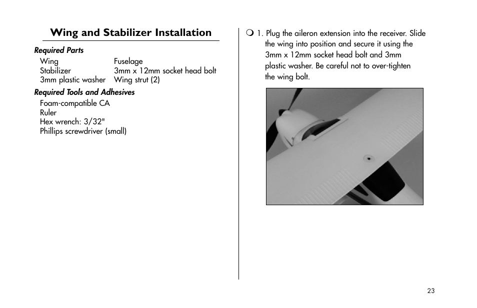 Wing and stabilizer installation | E-flite Cessna 182 370 ARF User Manual | Page 23 / 32