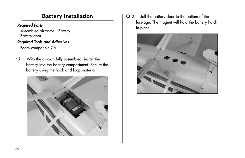 Battery installation | E-flite Cessna 182 370 ARF User Manual | Page 26 / 32