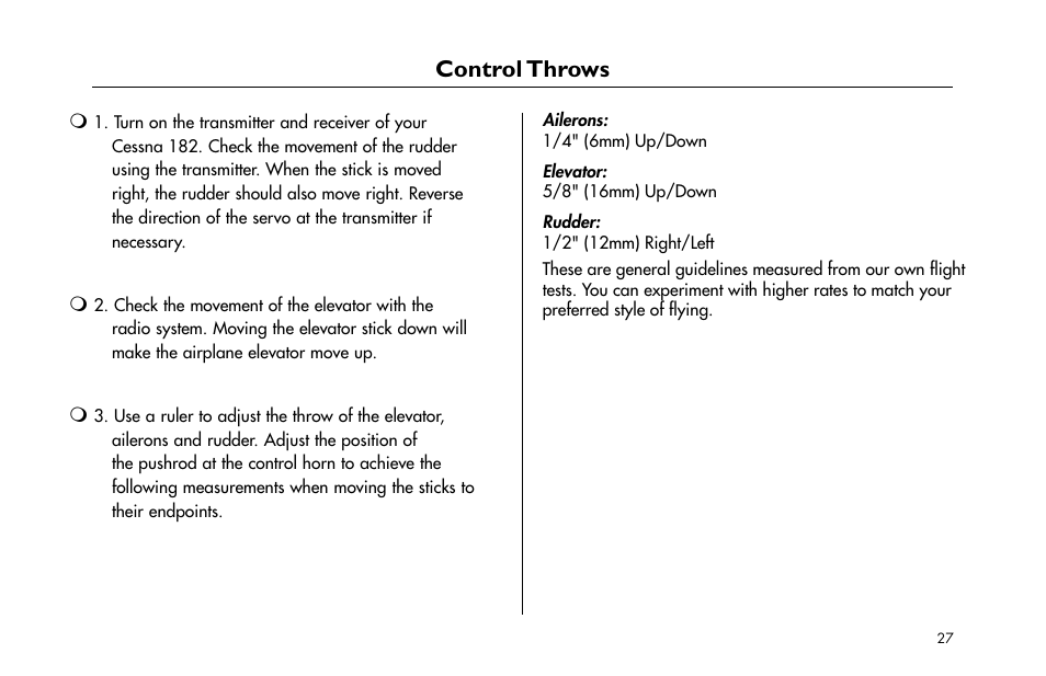 Control throws | E-flite Cessna 182 370 ARF User Manual | Page 27 / 32