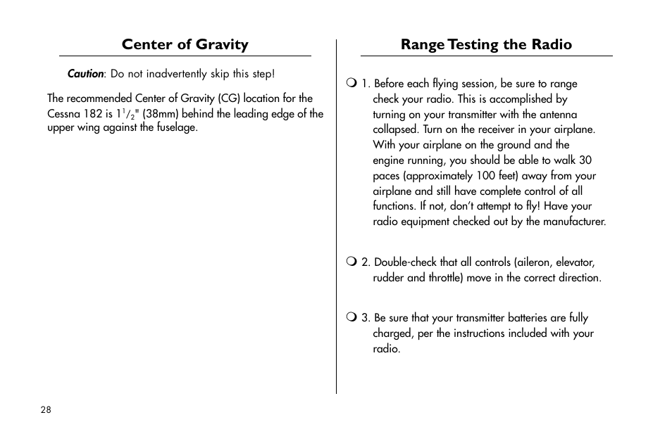 Center of gravity, Range testing the radio | E-flite Cessna 182 370 ARF User Manual | Page 28 / 32