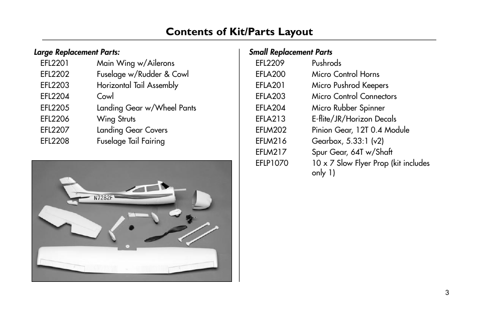 Contents of kit/parts layout | E-flite Cessna 182 370 ARF User Manual | Page 3 / 32