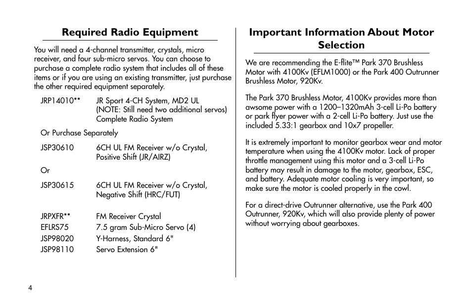 Required radio equipment, Important information about motor selection | E-flite Cessna 182 370 ARF User Manual | Page 4 / 32