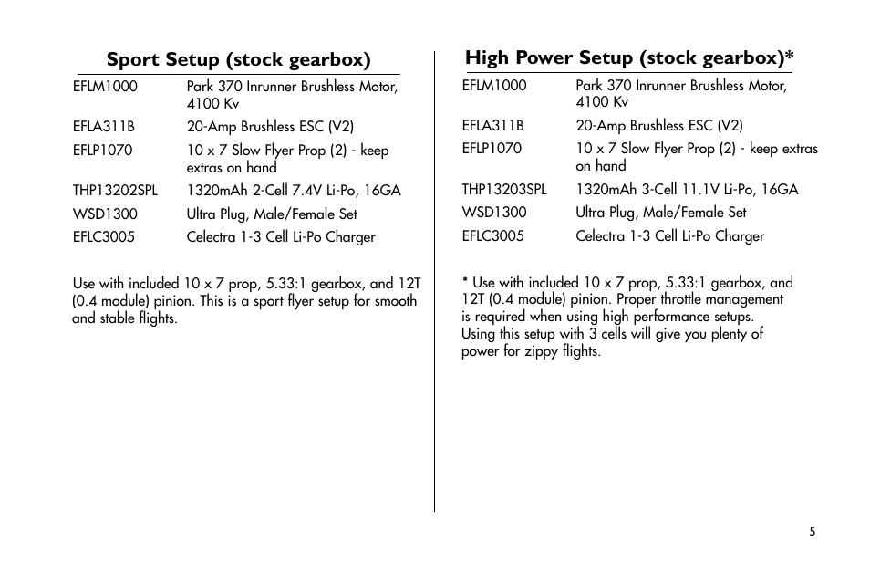 Sport setup (stock gearbox), High power setup (stock gearbox) | E-flite Cessna 182 370 ARF User Manual | Page 5 / 32