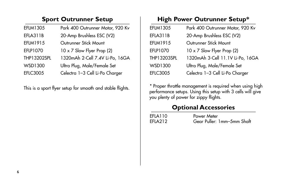 Sport outrunner setup, High power outrunner setup, Optional accessories | E-flite Cessna 182 370 ARF User Manual | Page 6 / 32