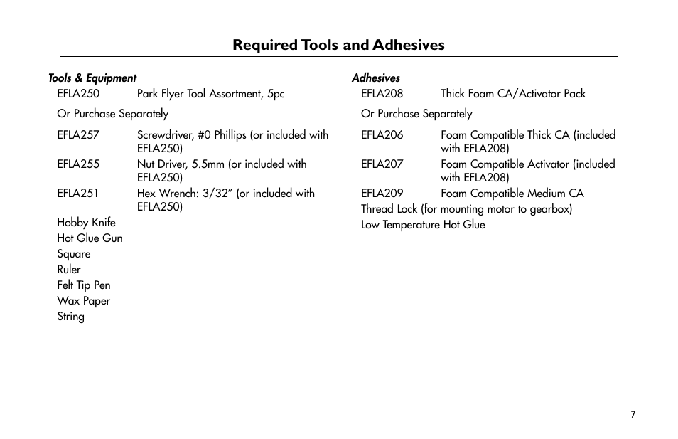 Required tools and adhesives | E-flite Cessna 182 370 ARF User Manual | Page 7 / 32