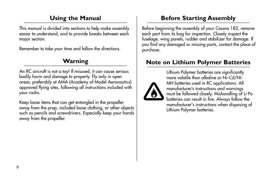 Using the manual, Warning, Before starting assembly | Note on lithium polymer batteries | E-flite Cessna 182 370 ARF User Manual | Page 8 / 32