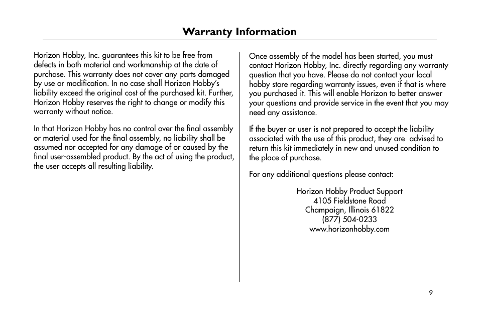 Warranty information | E-flite Cessna 182 370 ARF User Manual | Page 9 / 32