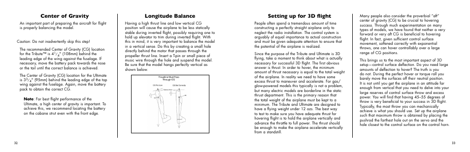 Setting up for 3d flight, Center of gravity, Longitude balance | E-flite Ultimate 3D Profile ARF User Manual | Page 33 / 40