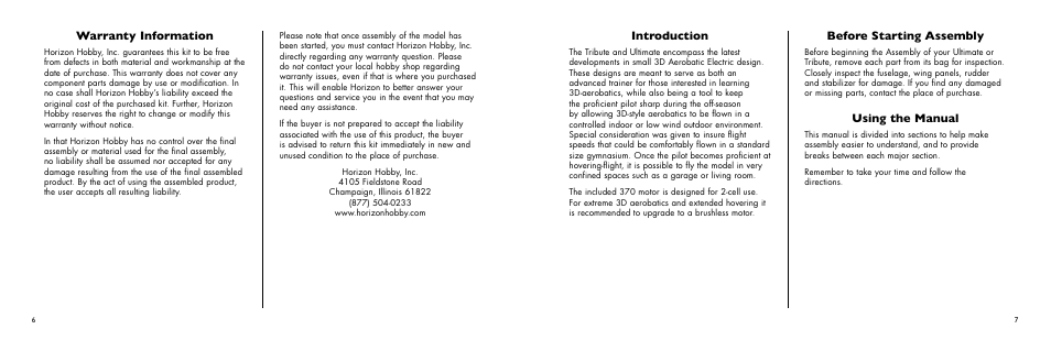 Before starting assembly, Using the manual, Introduction | Warranty information | E-flite Ultimate 3D Profile ARF User Manual | Page 7 / 40