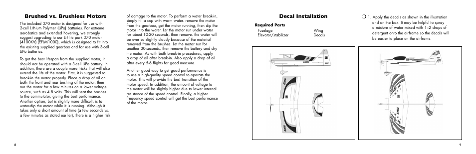 Decal installation, Brushed vs. brushless motors | E-flite Ultimate 3D Profile ARF User Manual | Page 9 / 40