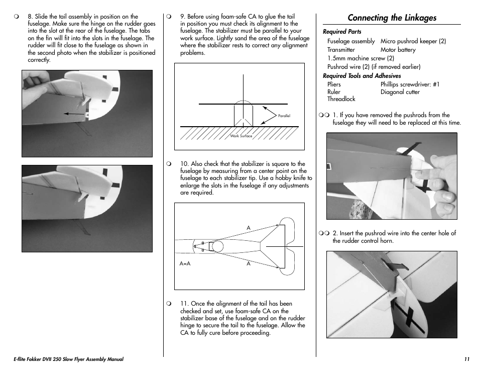 Connecting the linkages | E-flite Fokker DVII 250 ARF User Manual | Page 11 / 28