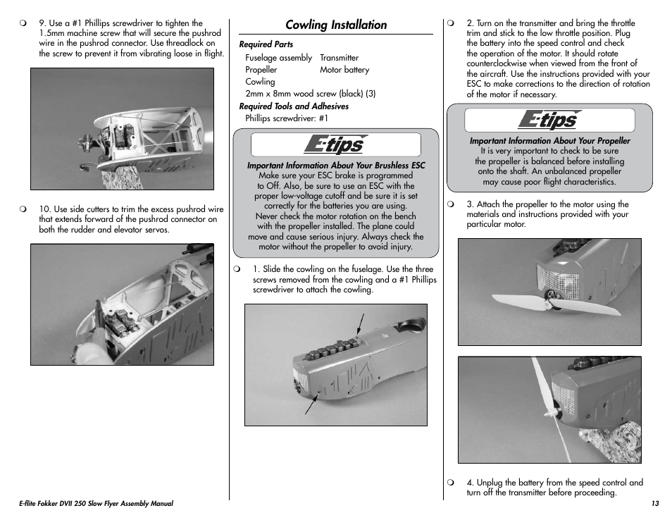 Cowling installation | E-flite Fokker DVII 250 ARF User Manual | Page 13 / 28