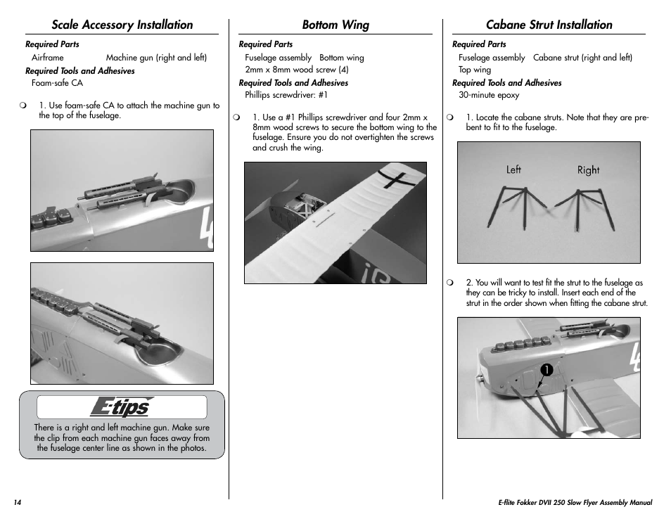 Scale accessory installation, Bottom wing, Cabane strut installation | E-flite Fokker DVII 250 ARF User Manual | Page 14 / 28