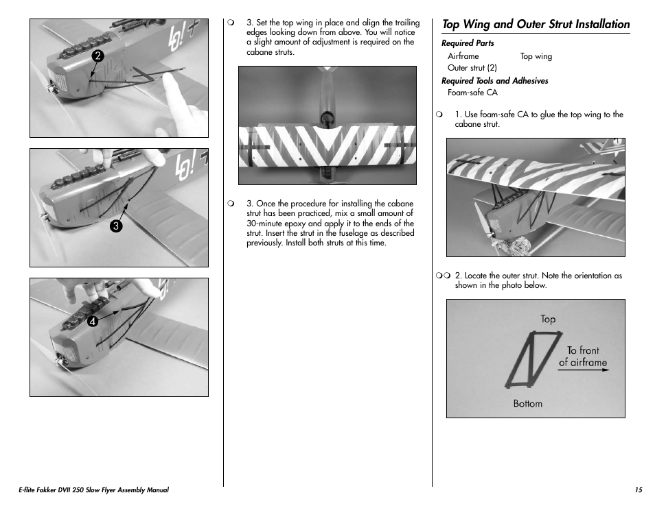 Top wing and outer strut installation | E-flite Fokker DVII 250 ARF User Manual | Page 15 / 28