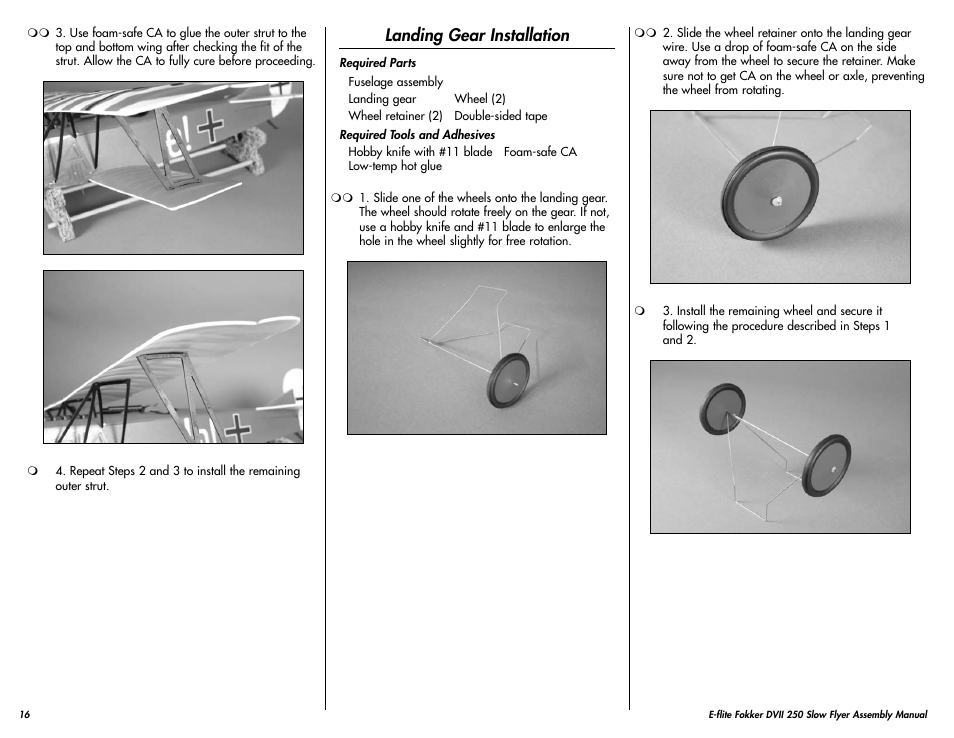 Landing gear installation | E-flite Fokker DVII 250 ARF User Manual | Page 16 / 28
