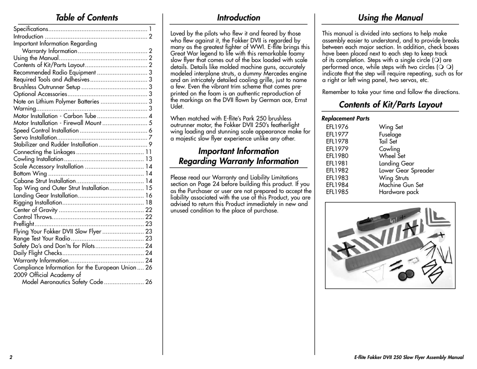 E-flite Fokker DVII 250 ARF User Manual | Page 2 / 28