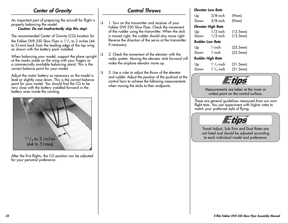 Center of gravity, Control throws | E-flite Fokker DVII 250 ARF User Manual | Page 22 / 28