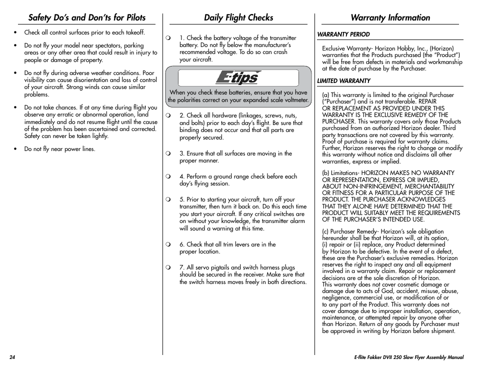 Safety do’s and don’ts for pilots, Daily flight checks, Warranty information | E-flite Fokker DVII 250 ARF User Manual | Page 24 / 28