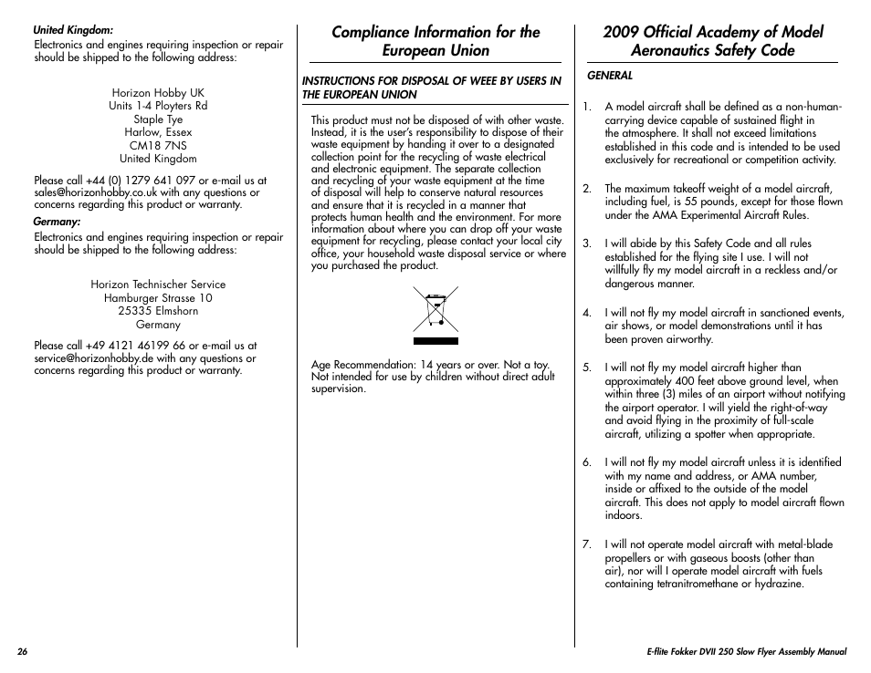 Compliance information for the european union | E-flite Fokker DVII 250 ARF User Manual | Page 26 / 28