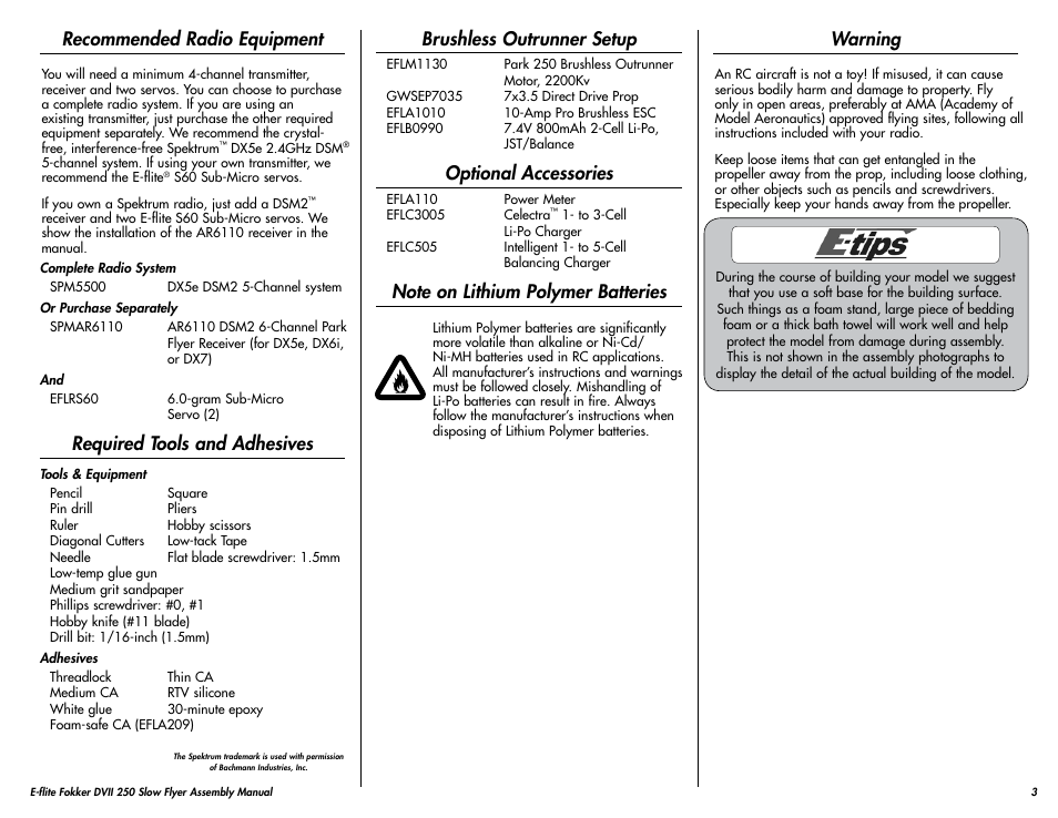 Recommended radio equipment, Required tools and adhesives, Brushless outrunner setup | Optional accessories, Note on lithium polymer batteries, Warning | E-flite Fokker DVII 250 ARF User Manual | Page 3 / 28