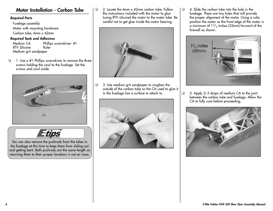 Motor installation - carbon tube | E-flite Fokker DVII 250 ARF User Manual | Page 4 / 28
