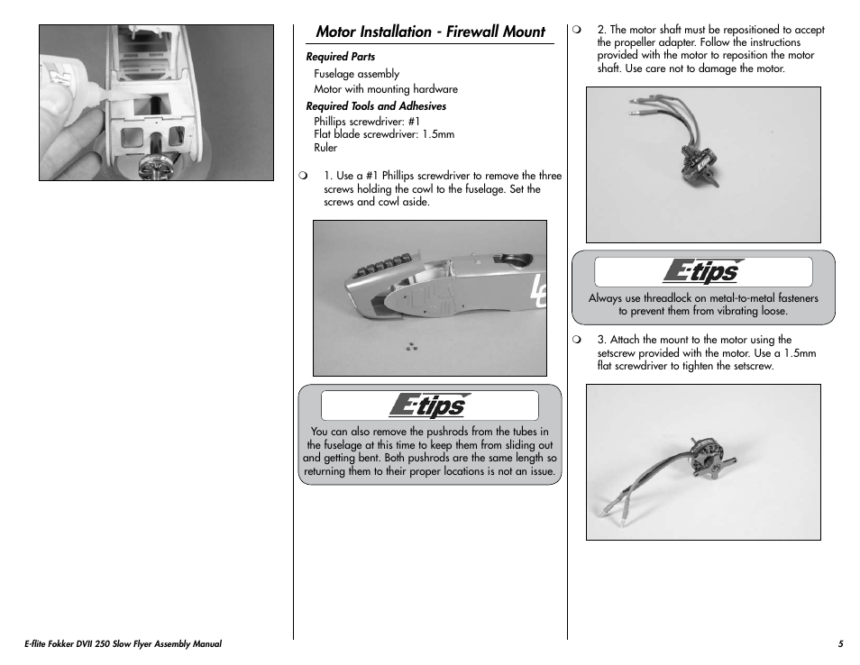 Motor installation - firewall mount | E-flite Fokker DVII 250 ARF User Manual | Page 5 / 28