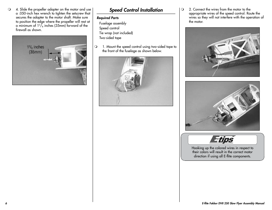 Speed control installation | E-flite Fokker DVII 250 ARF User Manual | Page 6 / 28