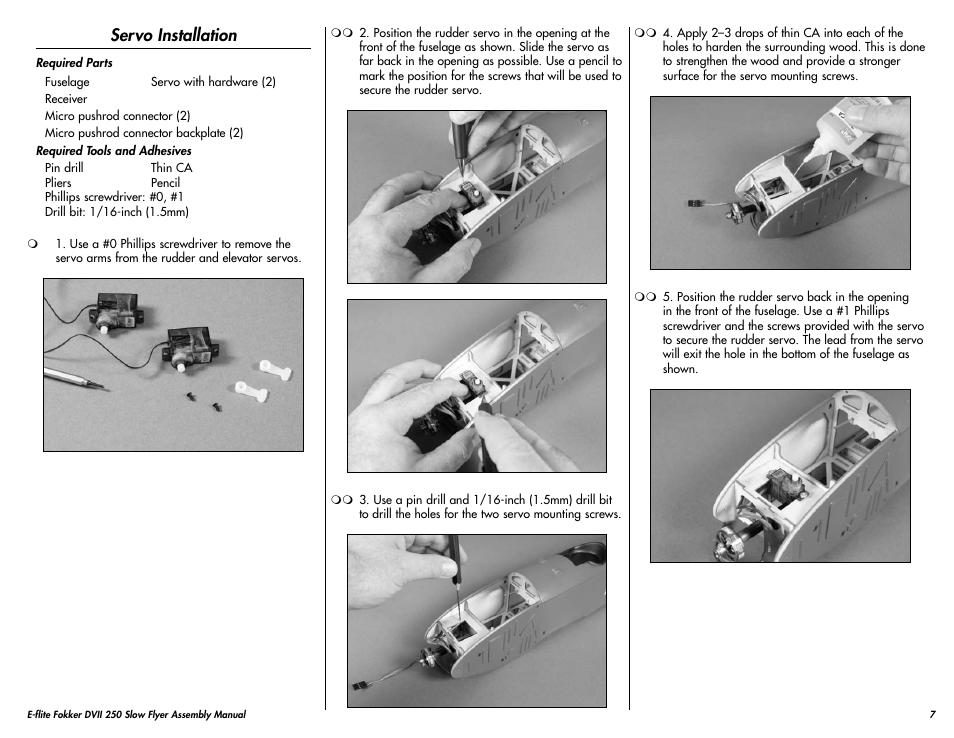 Servo installation | E-flite Fokker DVII 250 ARF User Manual | Page 7 / 28