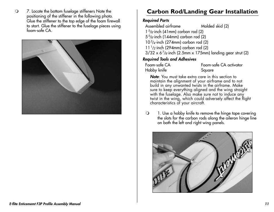 Carbon rod/landing gear installation | E-flite Enticement F3P ARF User Manual | Page 11 / 36