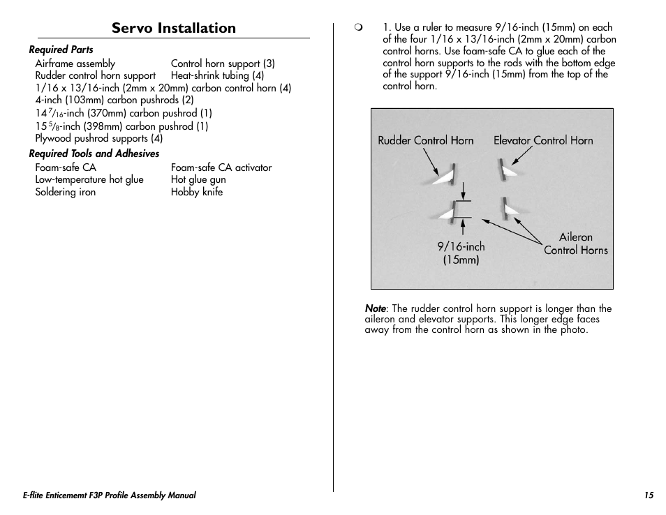 Servo installation | E-flite Enticement F3P ARF User Manual | Page 15 / 36