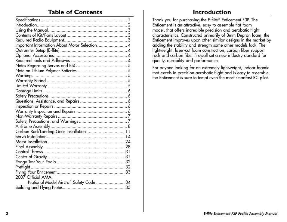 E-flite Enticement F3P ARF User Manual | Page 2 / 36