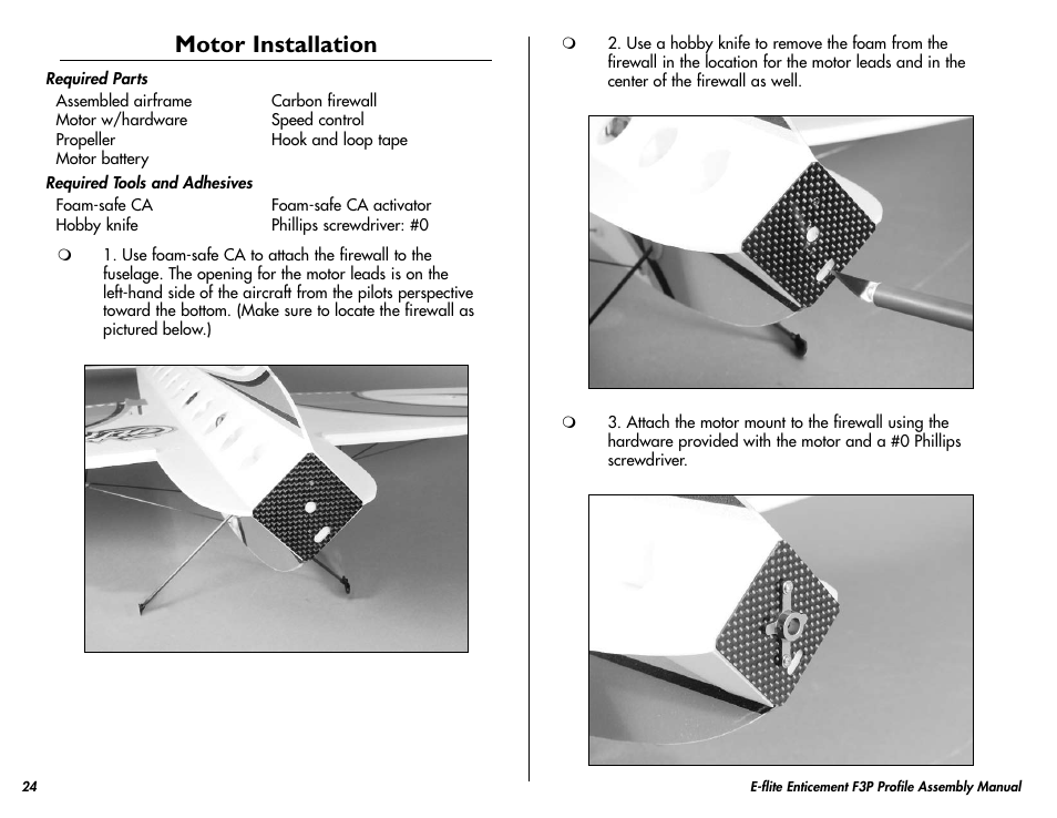 Motor installation | E-flite Enticement F3P ARF User Manual | Page 24 / 36