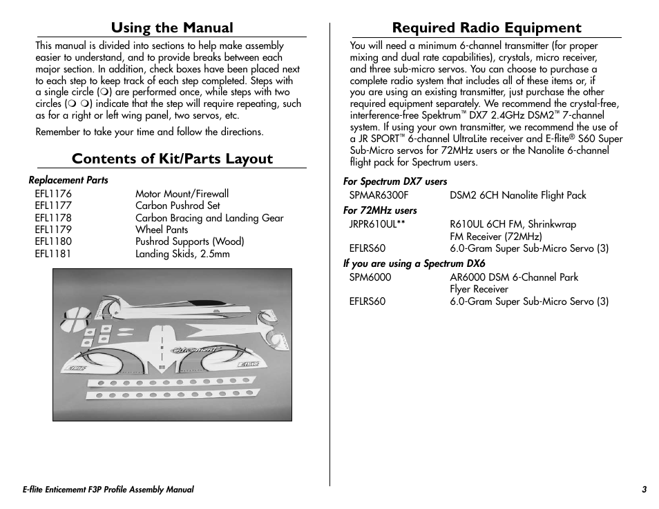Using the manual, Contents of kit/parts layout, Required radio equipment | E-flite Enticement F3P ARF User Manual | Page 3 / 36