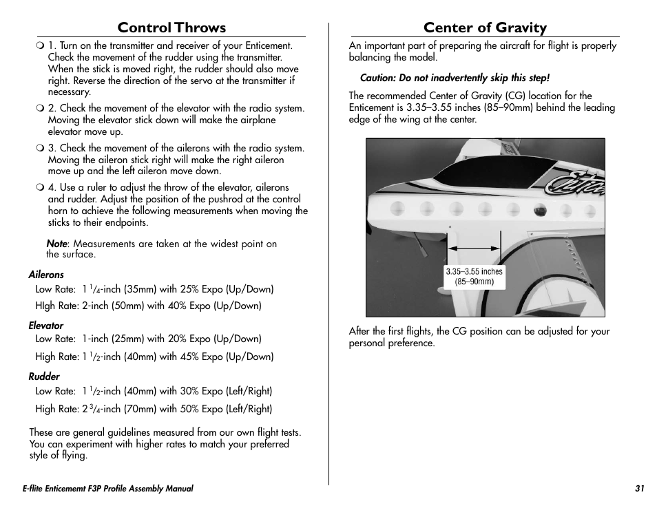 Center of gravity, Control throws | E-flite Enticement F3P ARF User Manual | Page 31 / 36