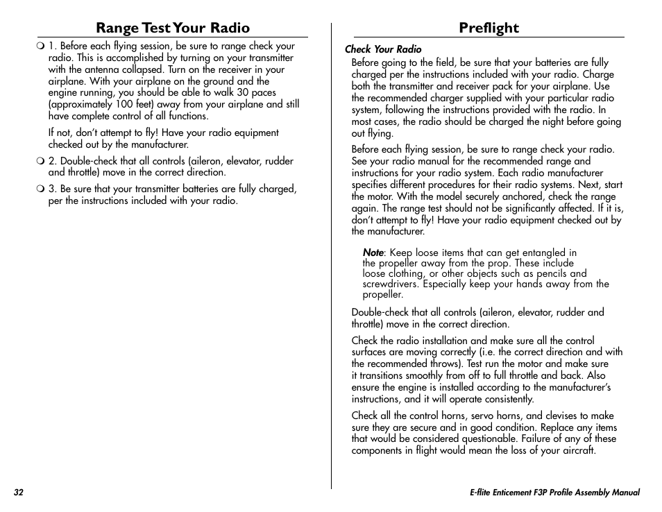 Range test your radio, Preflight | E-flite Enticement F3P ARF User Manual | Page 32 / 36
