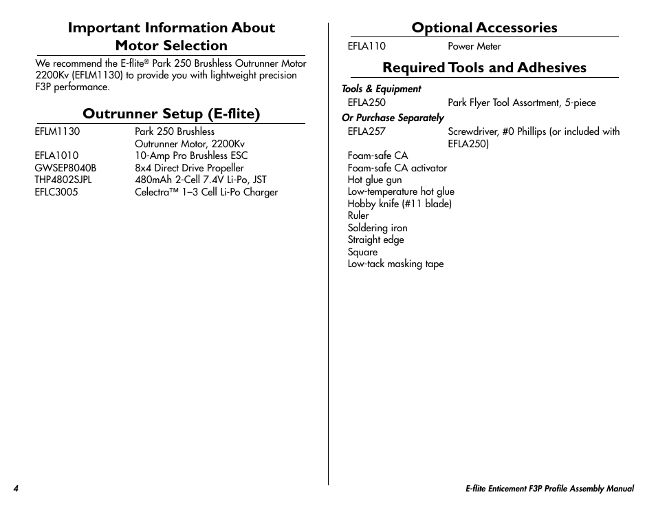 Important information about motor selection, Outrunner setup (e-flite), Optional accessories | Required tools and adhesives | E-flite Enticement F3P ARF User Manual | Page 4 / 36