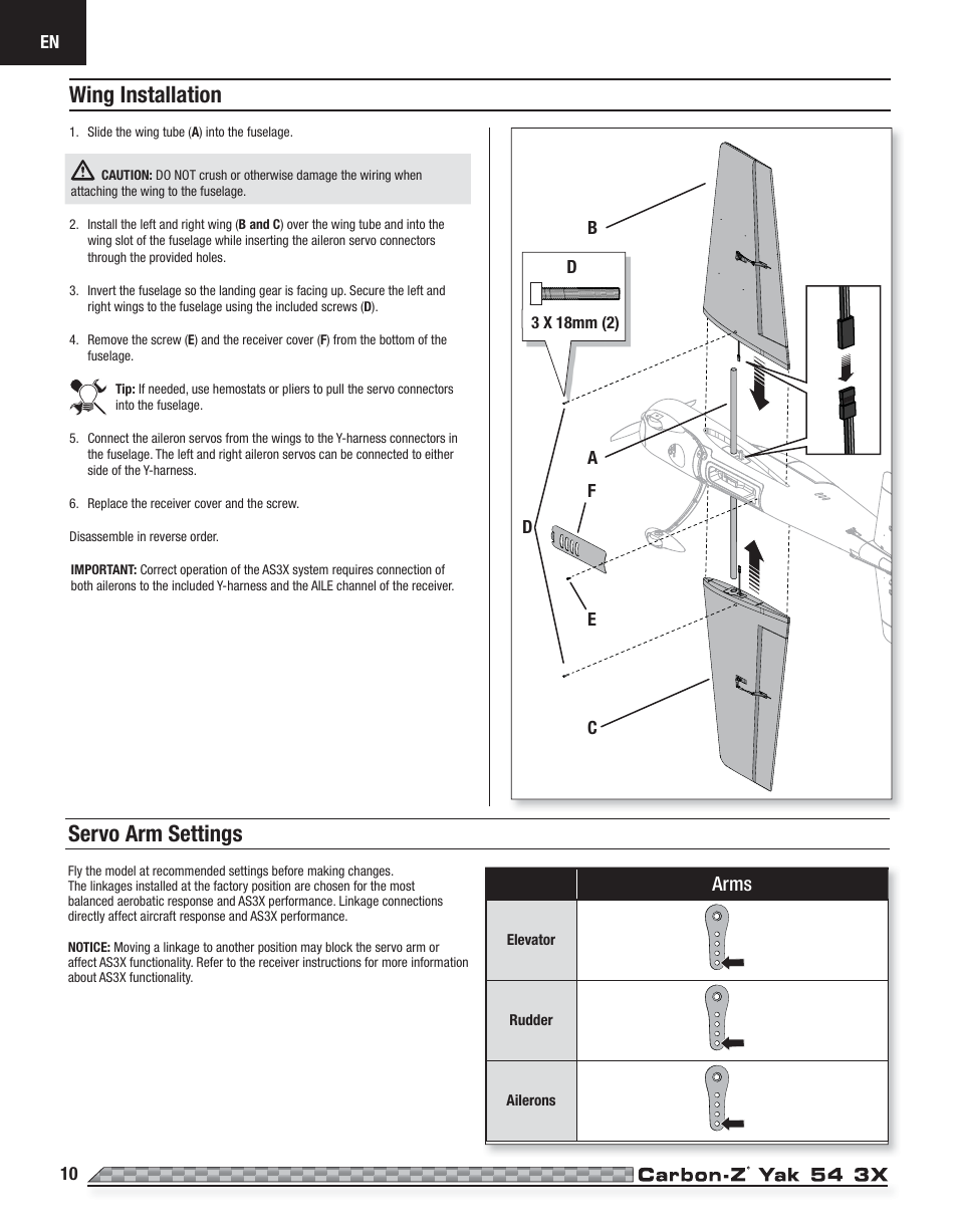 Wing installation, Servo arm settings, Arms | E-flite Carbon-Z Yak 54 3X BNF Basic User Manual | Page 10 / 23