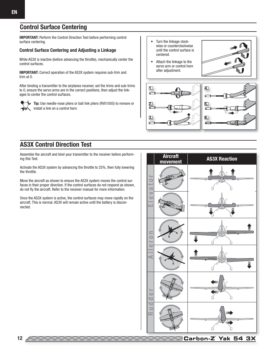 Elev ator aileron rudder | E-flite Carbon-Z Yak 54 3X BNF Basic User Manual | Page 12 / 23