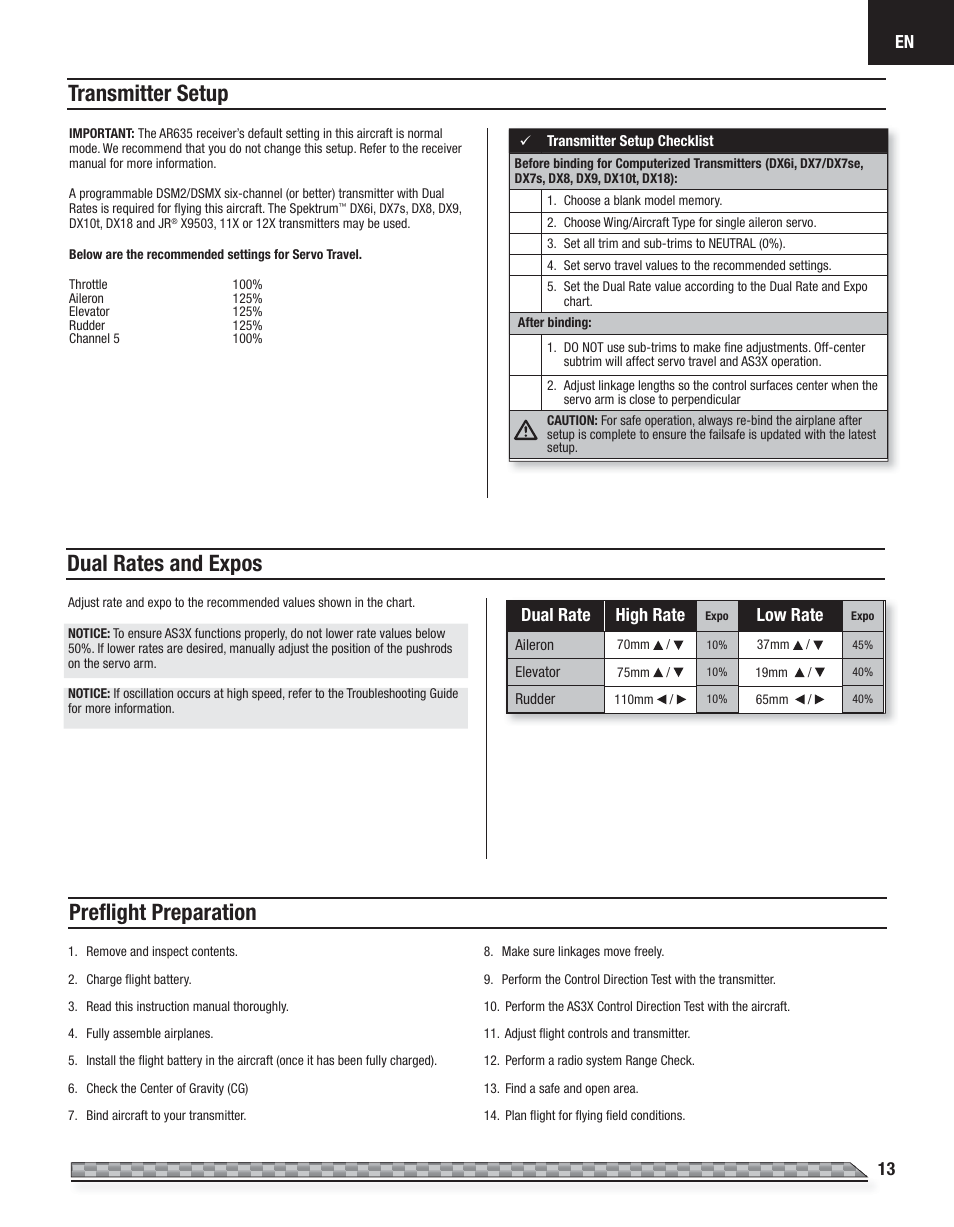 Transmitter setup, Dual rates and expos, Preﬂ ight preparation | Dual rate high rate, Low rate | E-flite Carbon-Z Yak 54 3X BNF Basic User Manual | Page 13 / 23