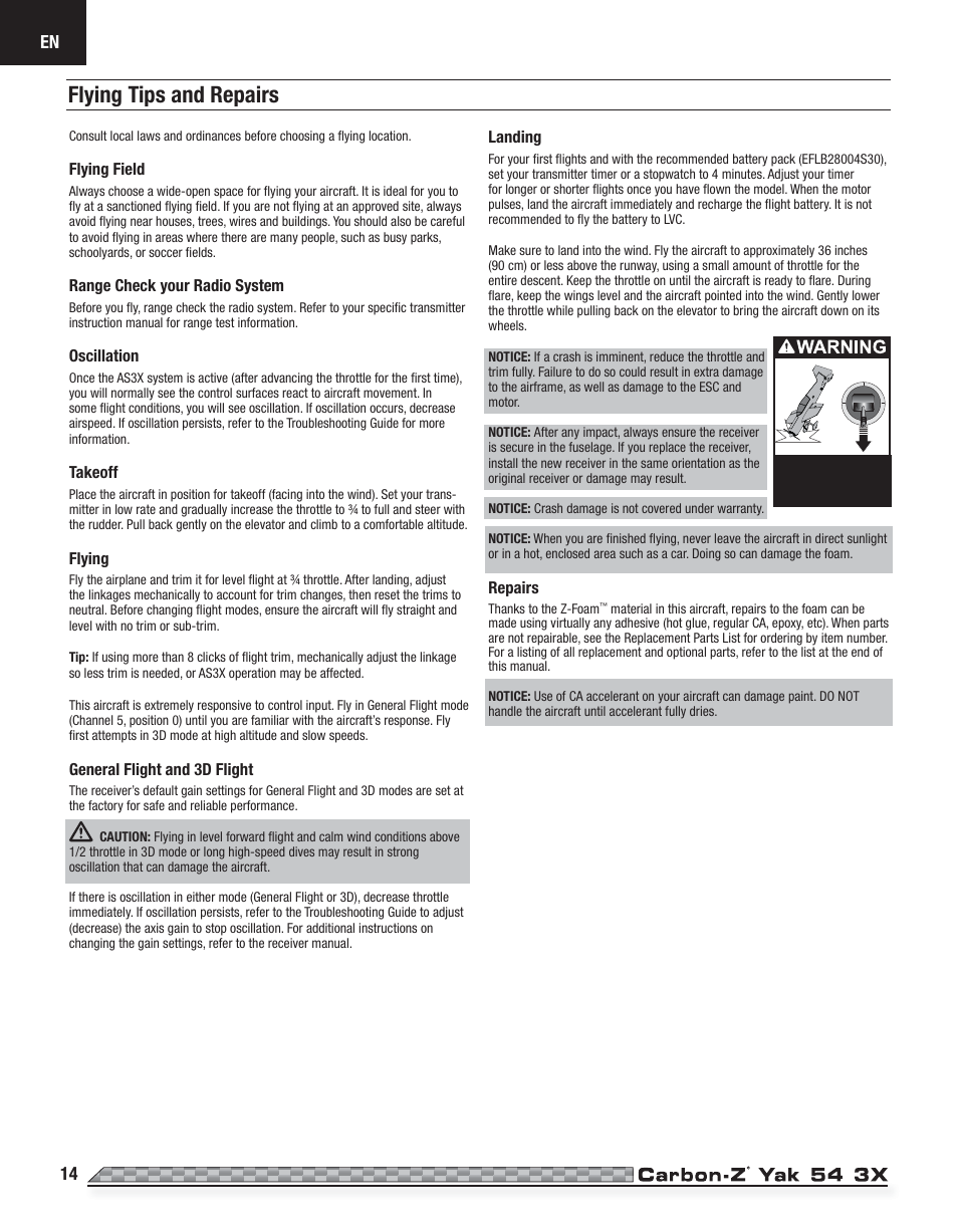 Flying tips and repairs | E-flite Carbon-Z Yak 54 3X BNF Basic User Manual | Page 14 / 23