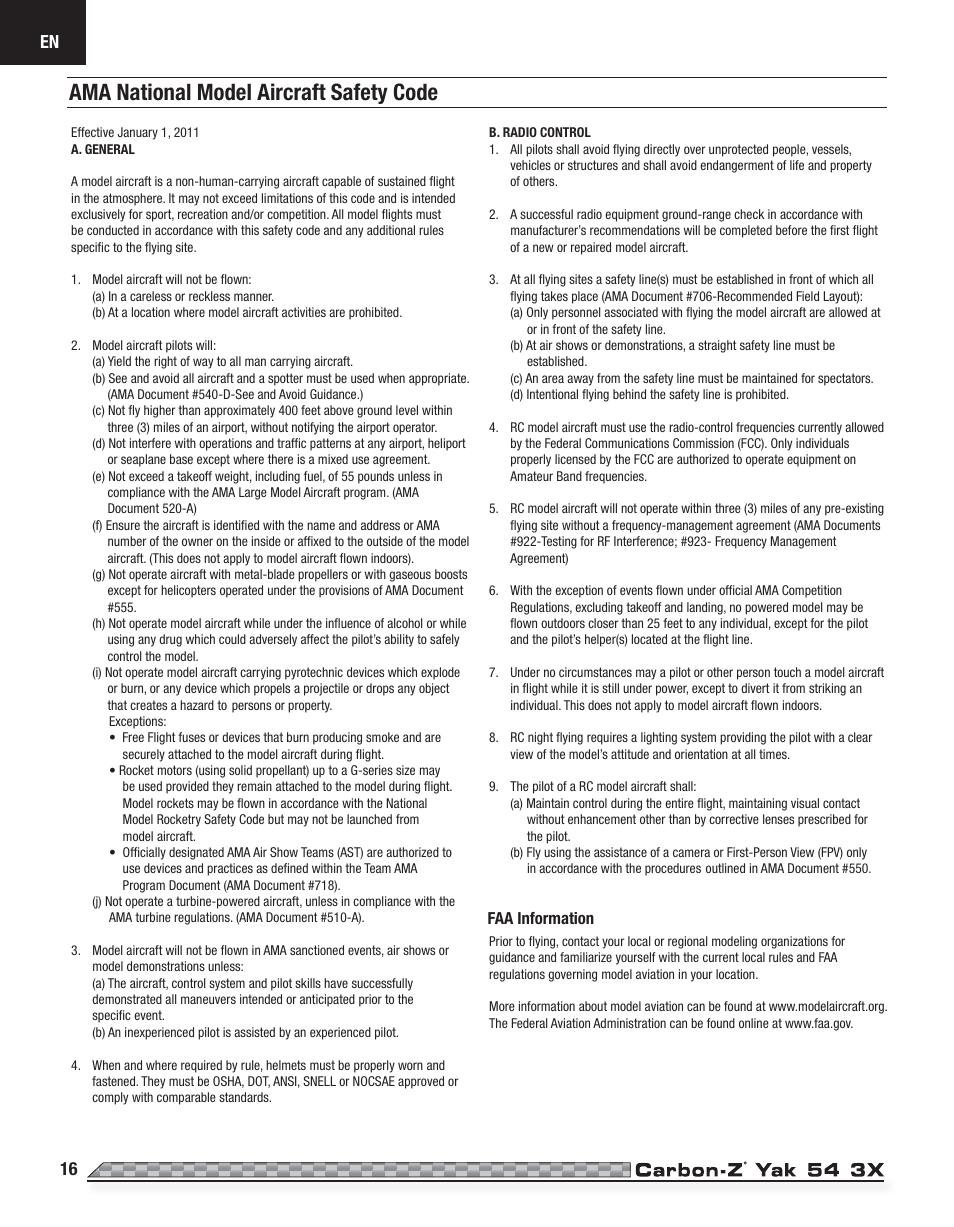 Ama national model aircraft safety code | E-flite Carbon-Z Yak 54 3X BNF Basic User Manual | Page 16 / 23