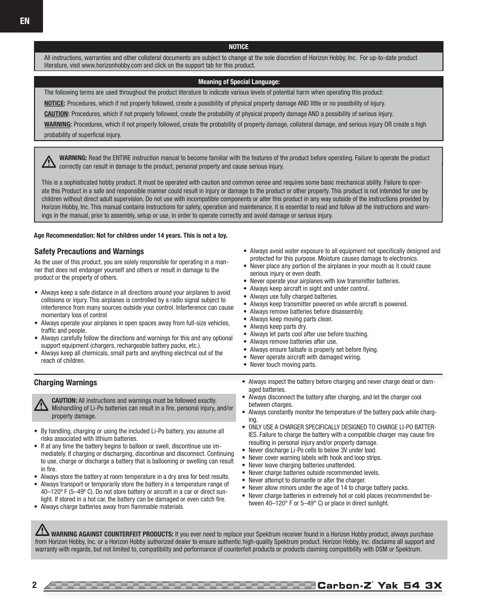 E-flite Carbon-Z Yak 54 3X BNF Basic User Manual | Page 2 / 23