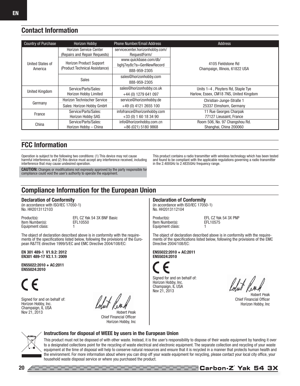 Fcc information | E-flite Carbon-Z Yak 54 3X BNF Basic User Manual | Page 20 / 23