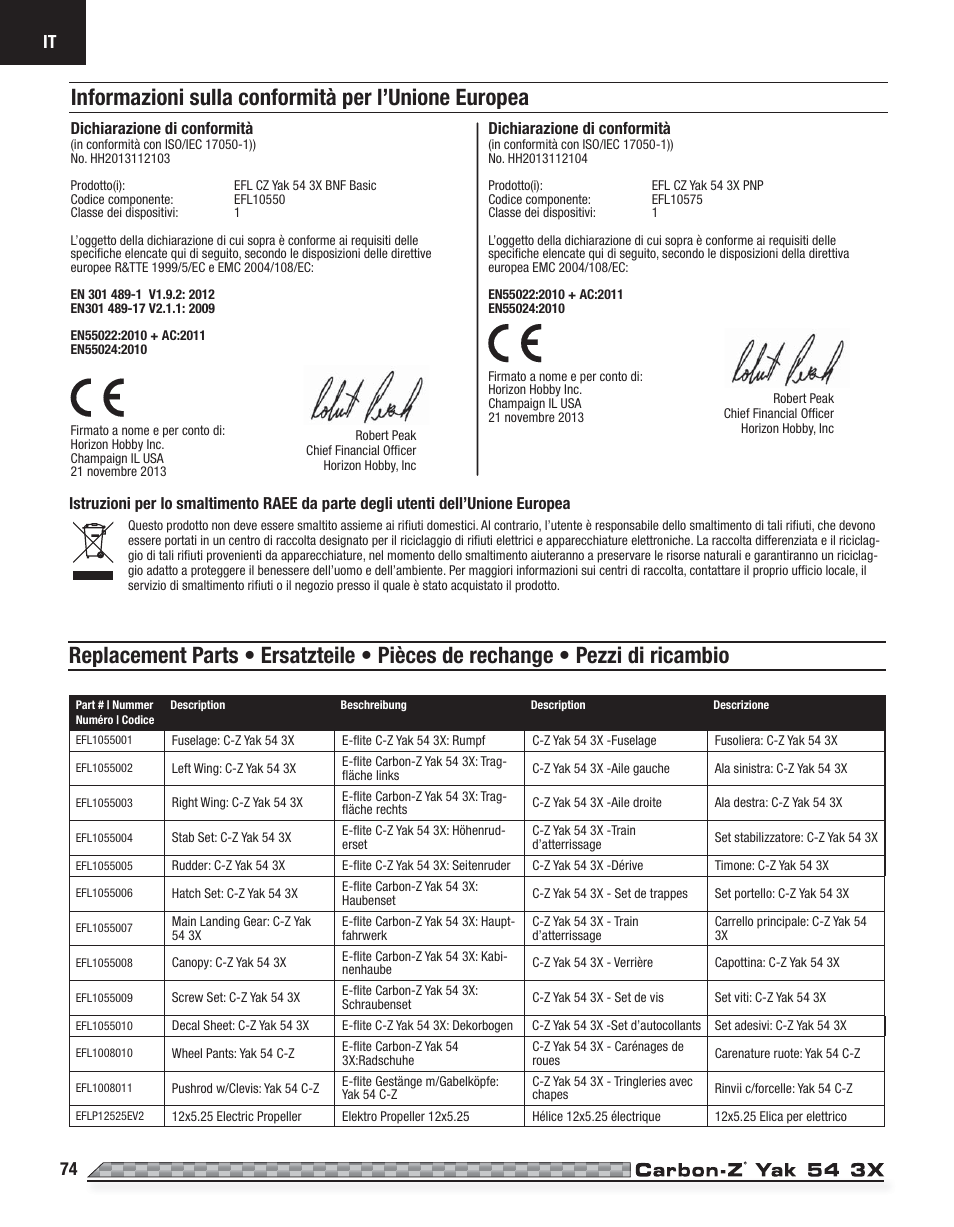 Informazioni sulla conformità per l’unione europea | E-flite Carbon-Z Yak 54 3X BNF Basic User Manual | Page 21 / 23