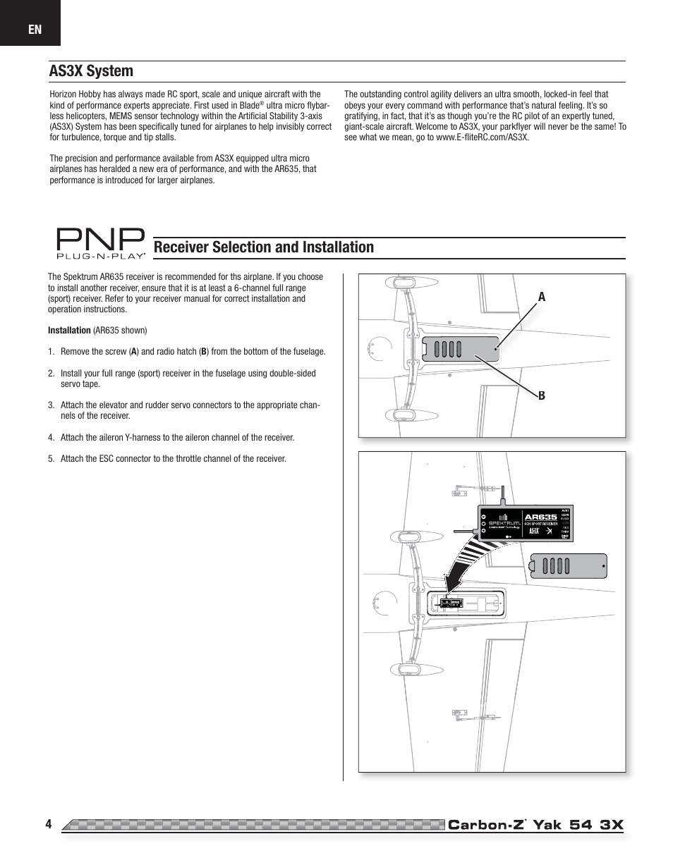 As3x system, Receiver selection and installation | E-flite Carbon-Z Yak 54 3X BNF Basic User Manual | Page 4 / 23