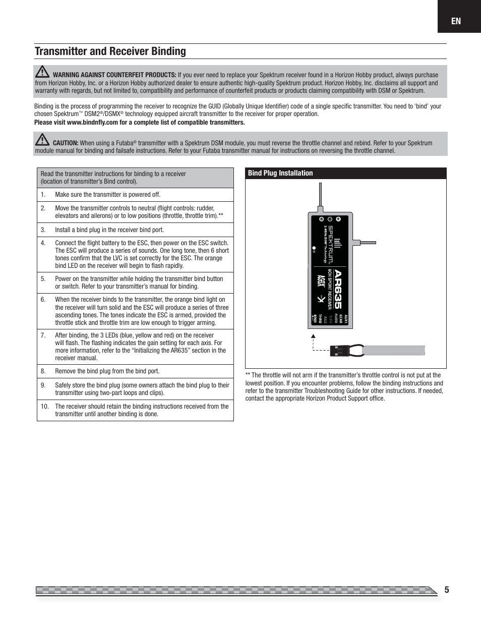 Transmitter and receiver binding | E-flite Carbon-Z Yak 54 3X BNF Basic User Manual | Page 5 / 23