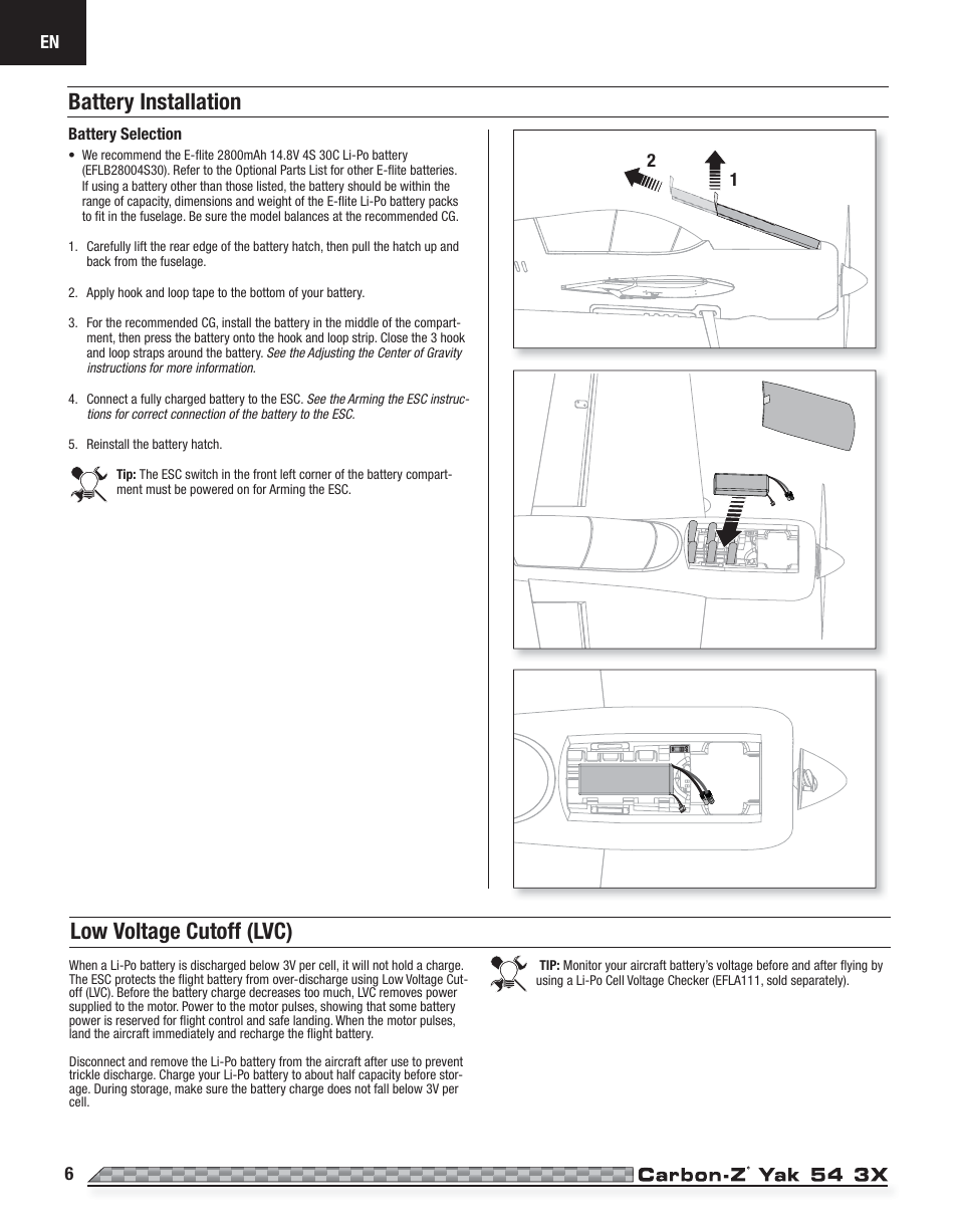 Low voltage cutoff (lvc) battery installation | E-flite Carbon-Z Yak 54 3X BNF Basic User Manual | Page 6 / 23